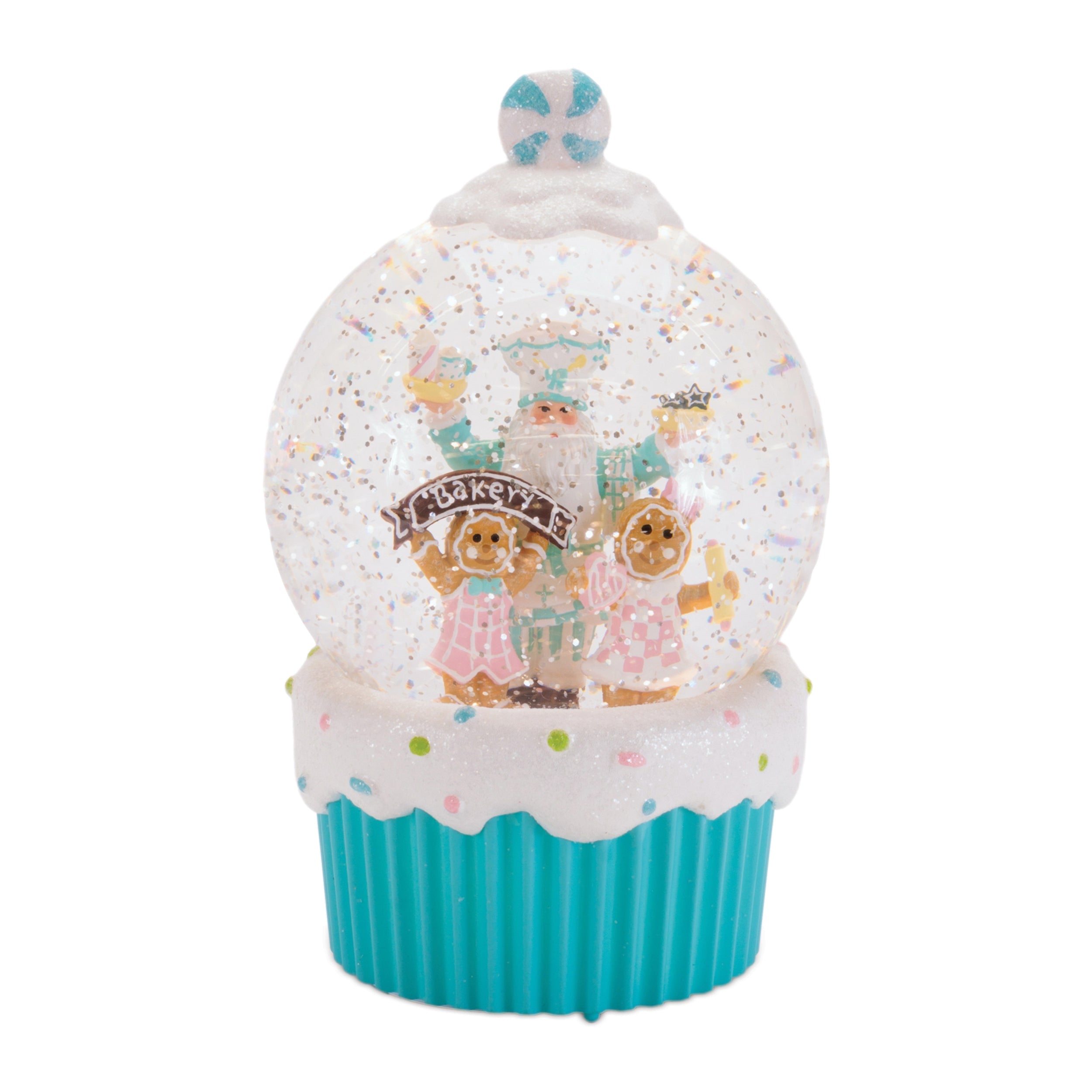 LED Snow Globe w/ Santa and Gingerbread 7.5”H  6 Hr Timer 3 AA Batteries Not Included/USB Cor