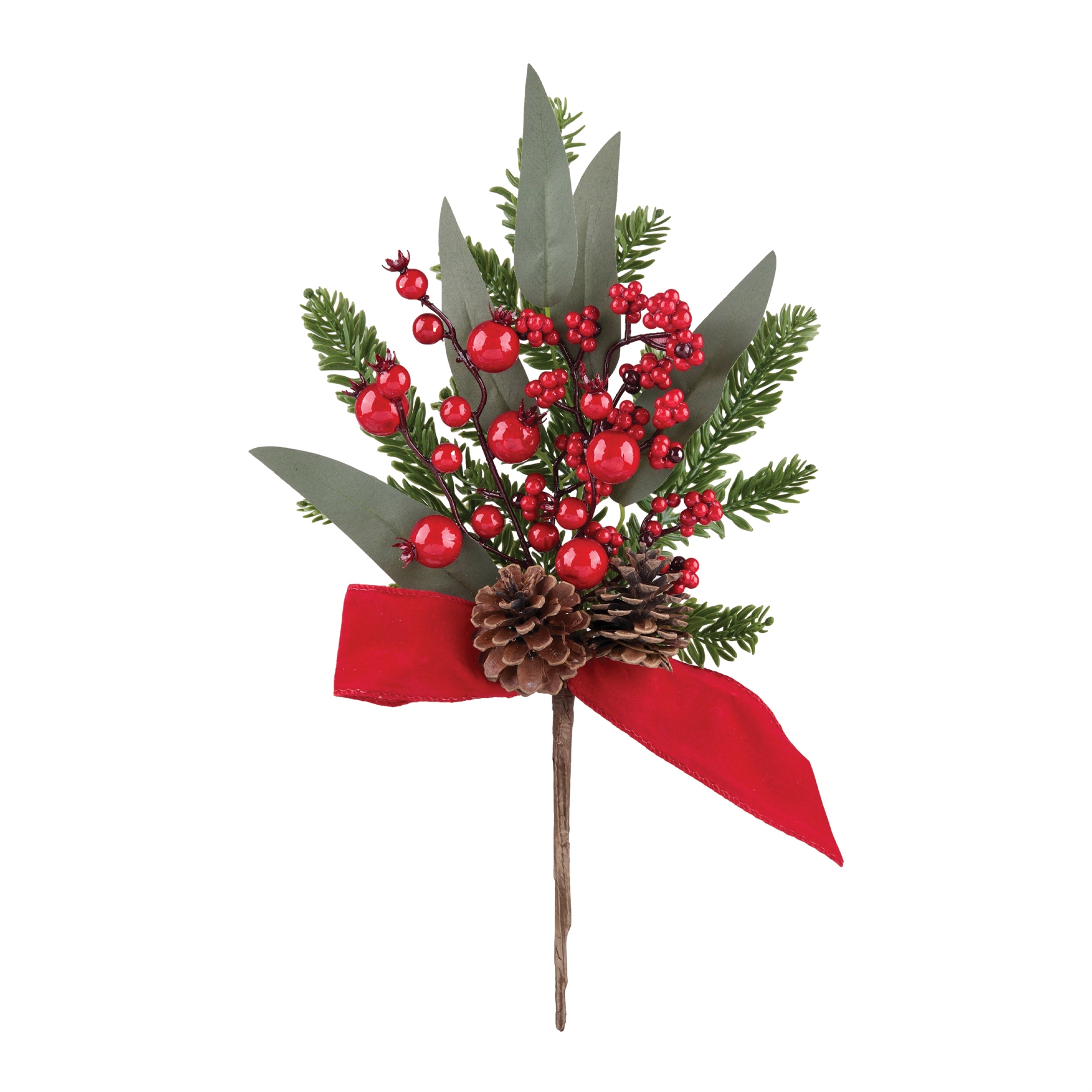 Pine/Berry/Cone Spray w/Ribbon 16”H