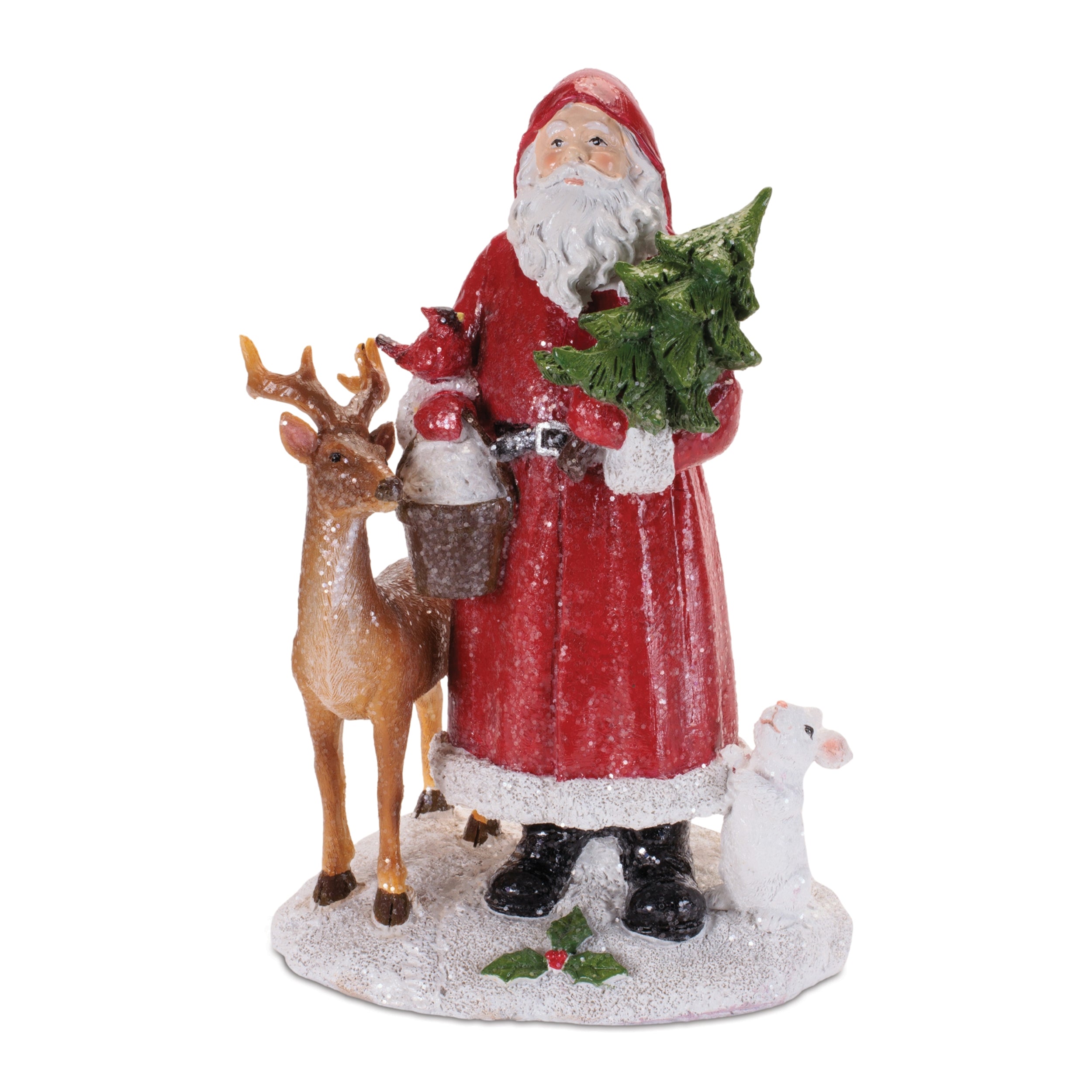Santa w/Deer and Rabbit 8.75”H Resin