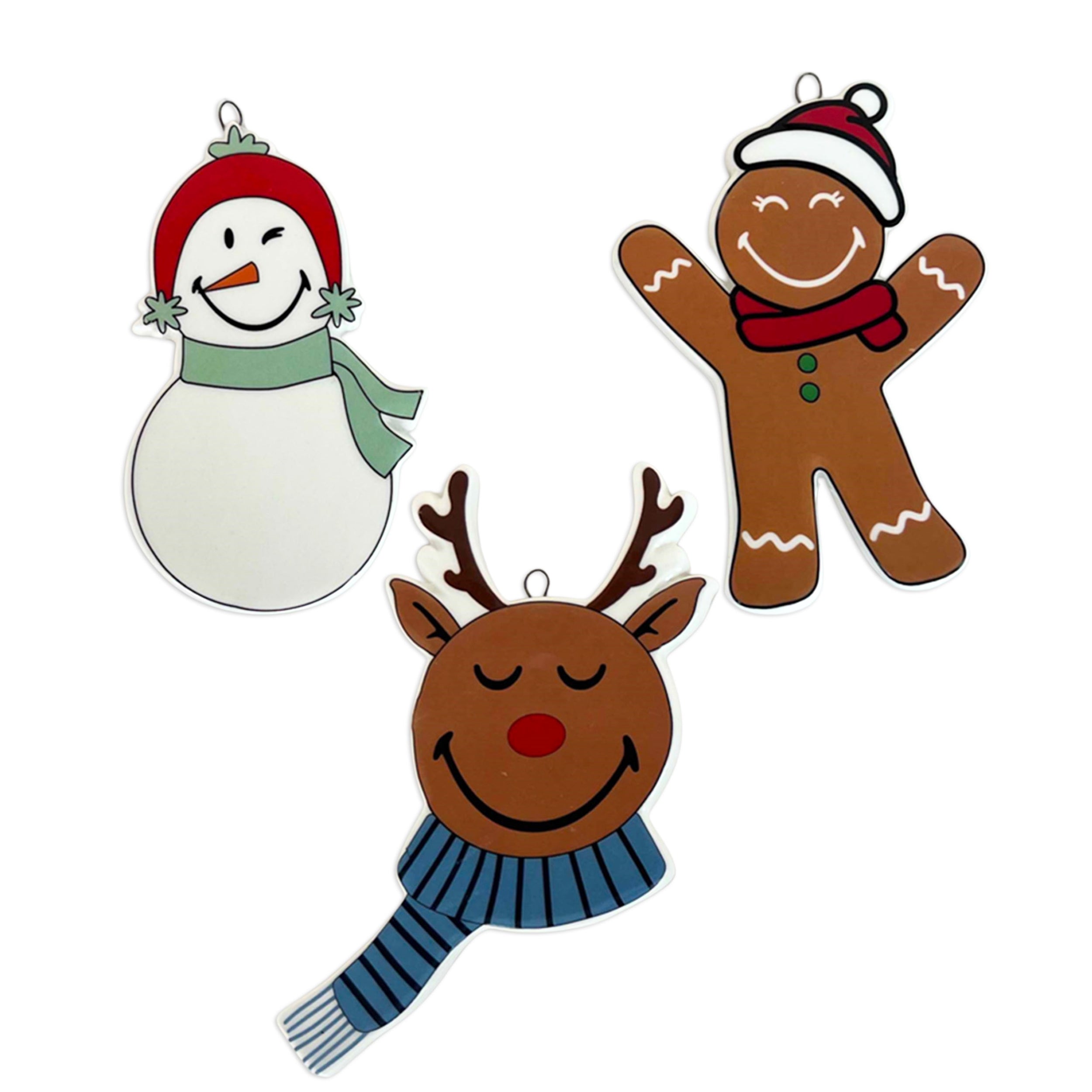 Smiley Reindeer/Snowman/Gingerbread Ornament (3 set of) 4”H Ceramic