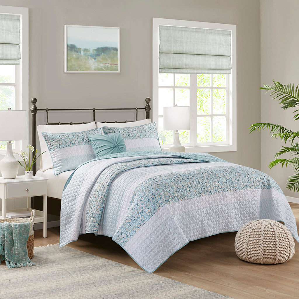 Caralie 4 Piece Microfiber Reversible Ruffle Quilt Set with Throw Pillow