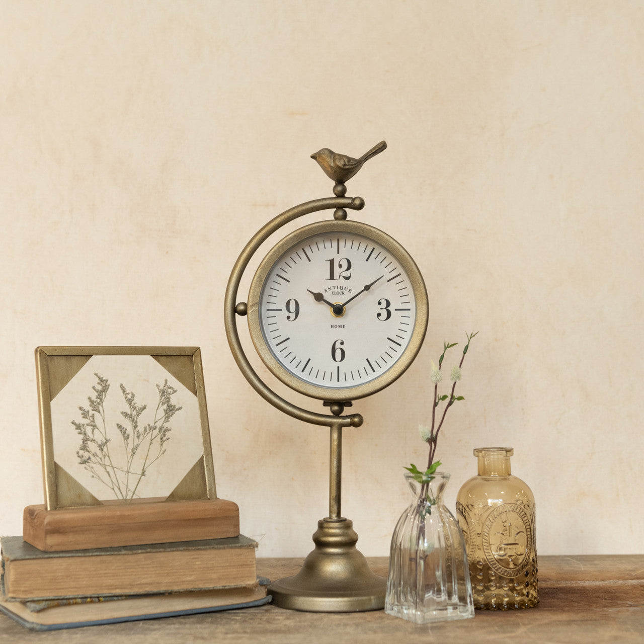 Antiqued Bronze Tabletop Clock w/ Bird