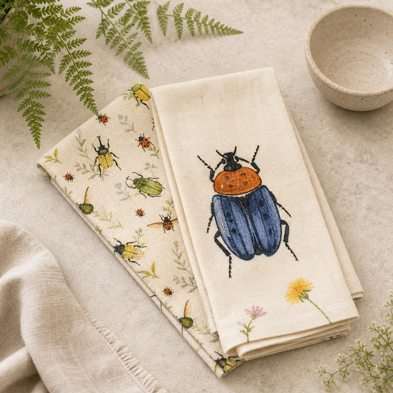 Embroidered Beetles Tea Towels (S/2)