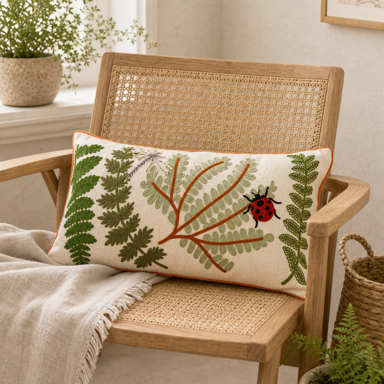 Embroidered Ferns And Bugs Lumbar Pillow