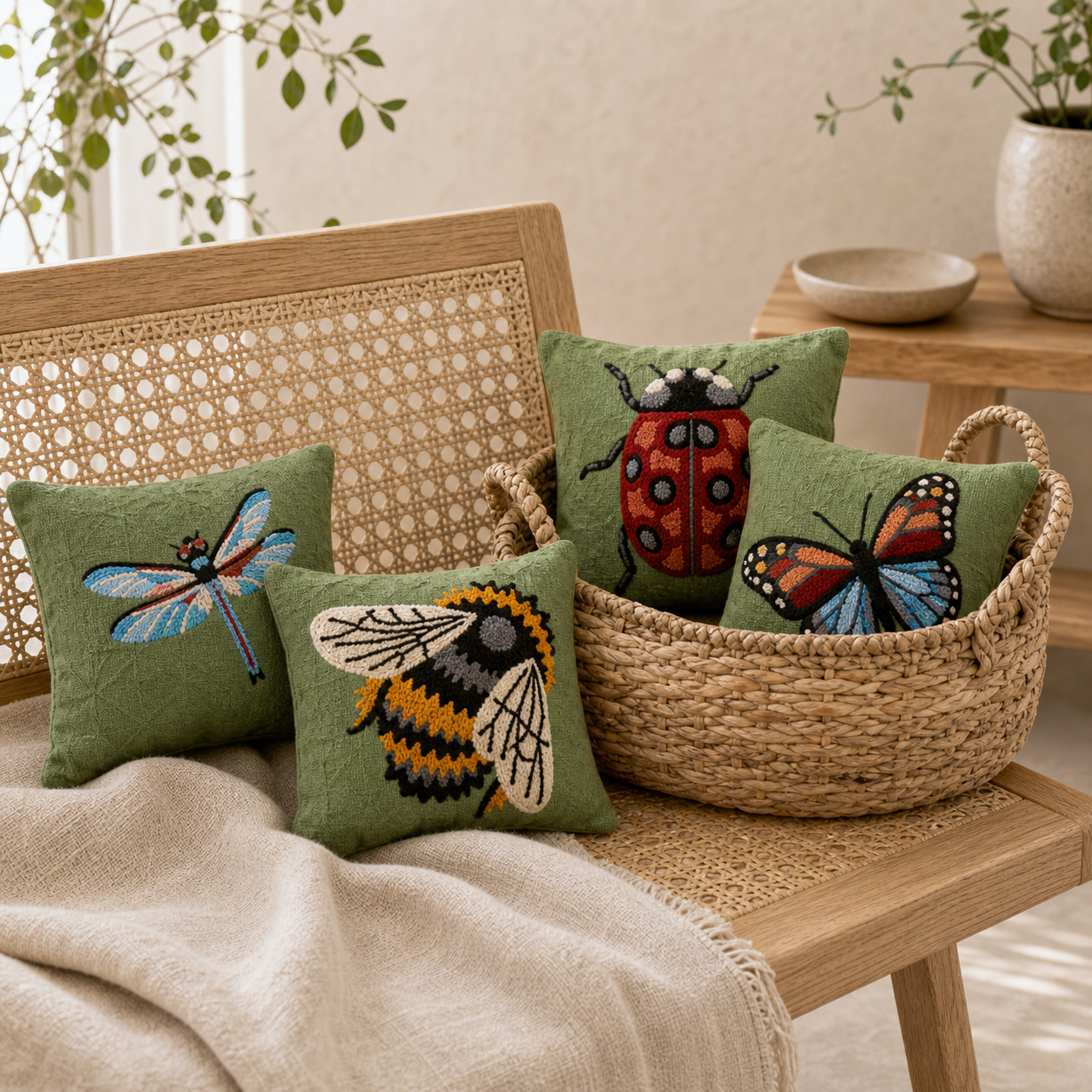 Green Canvas Embroidered Bugs Mini Pillows (S/4)