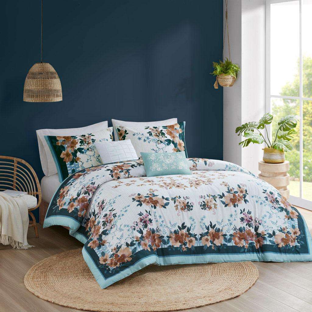 Jules 5 Piece Cotton Floral Comforter Set with Throw Pillows
