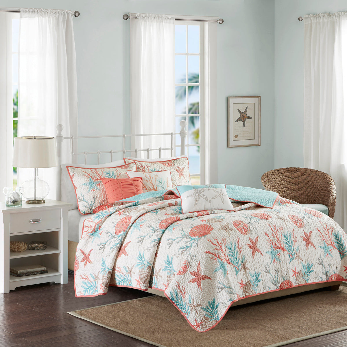 Pebble Beach 6 Piece Cotton Sateen Quilt Set with Throw Pillows