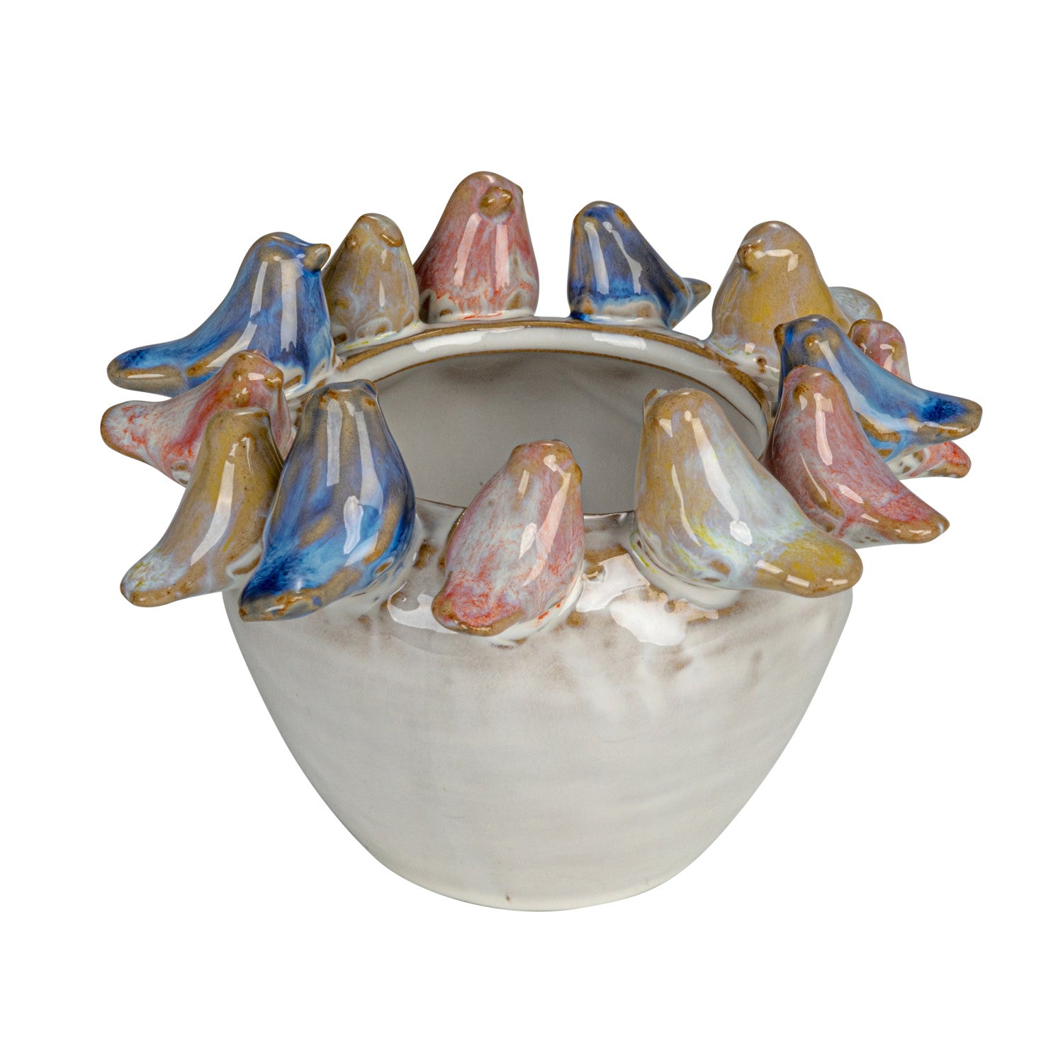 5" Round x 3-1/4"H Stoneware Planter w Birds on Rim
