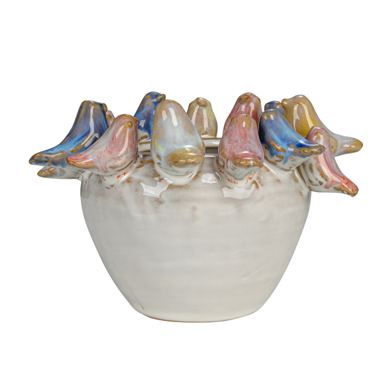 5" Round x 3-1/4"H Stoneware Planter w Birds on Rim
