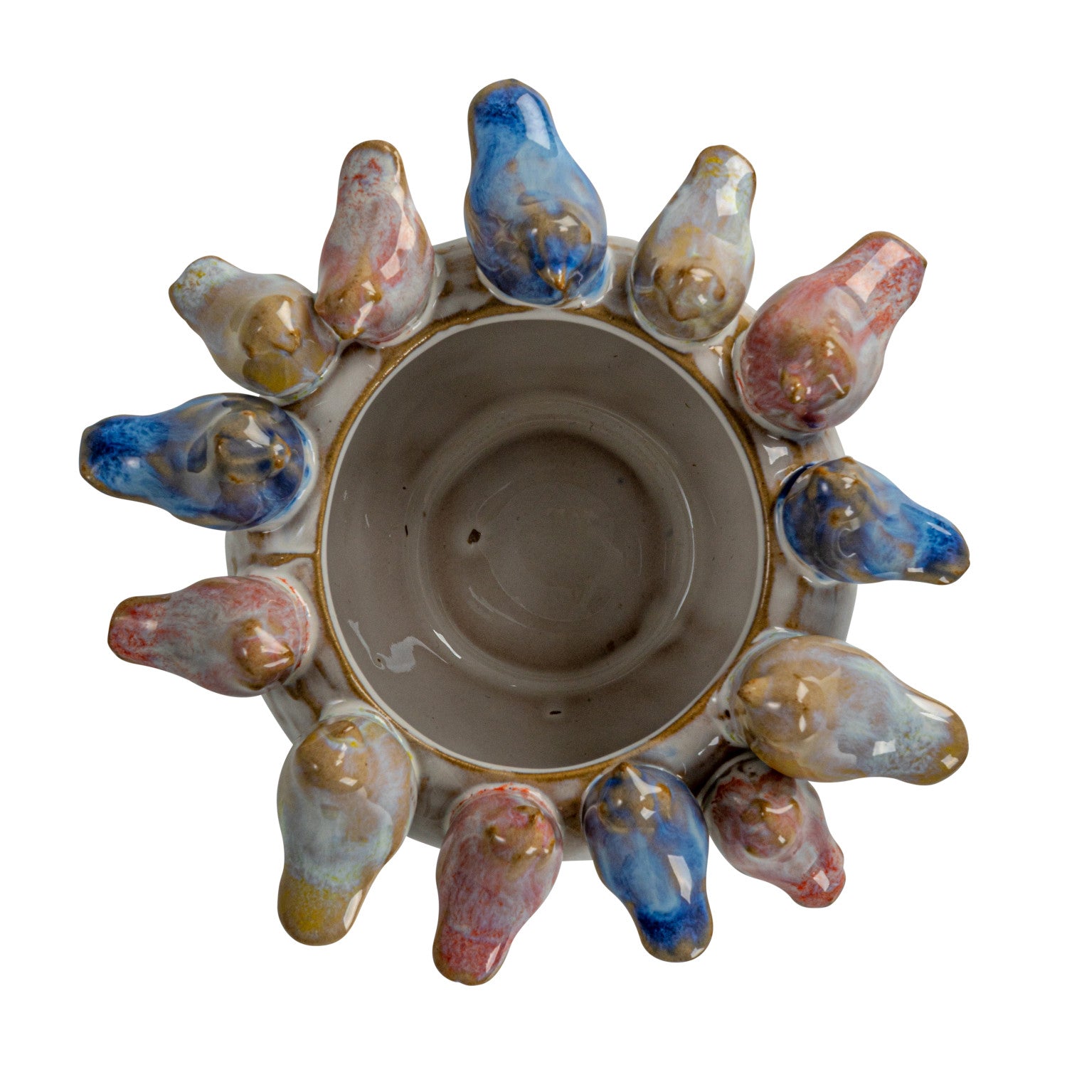 5" Round x 3-1/4"H Stoneware Planter w Birds on Rim
