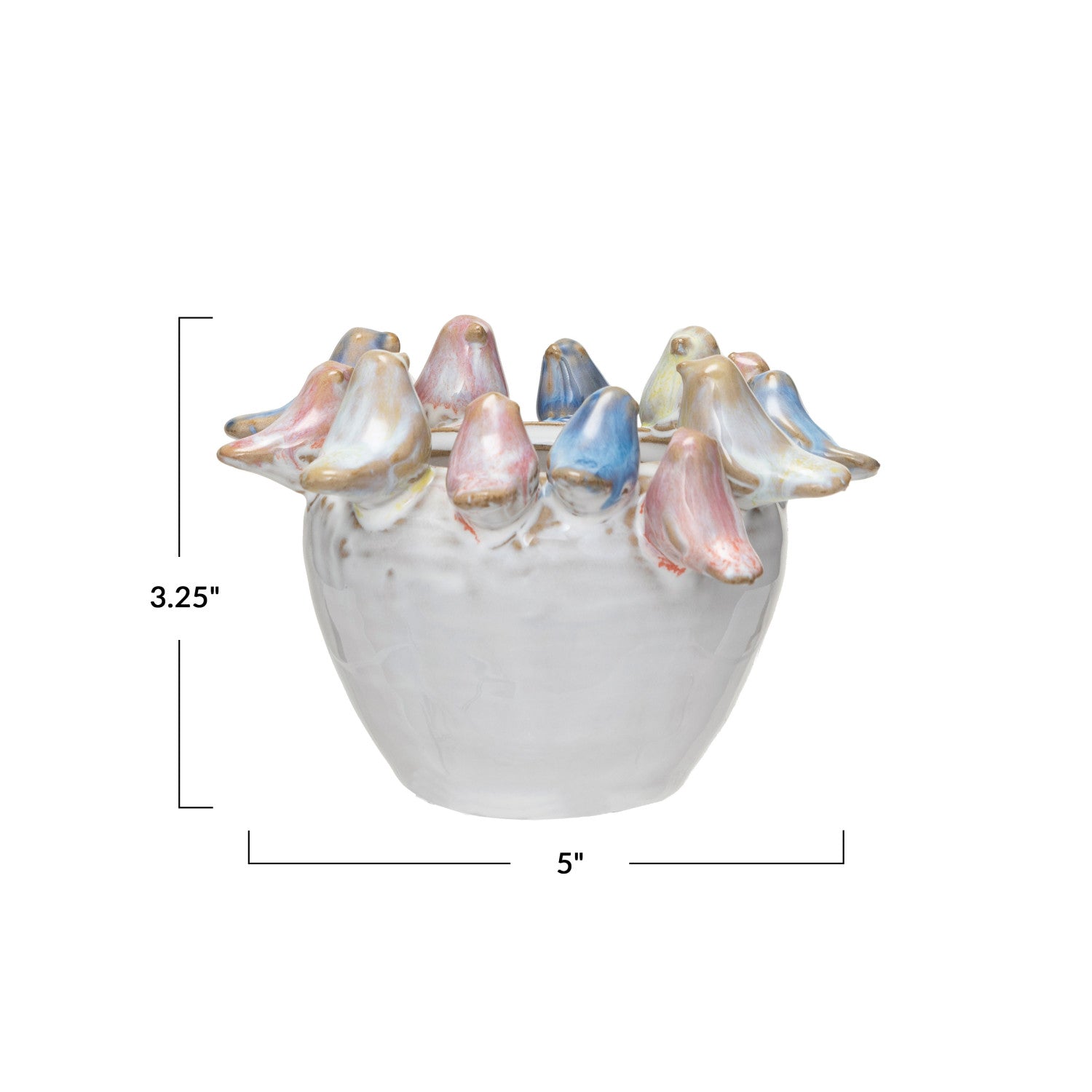 5" Round x 3-1/4"H Stoneware Planter w Birds on Rim