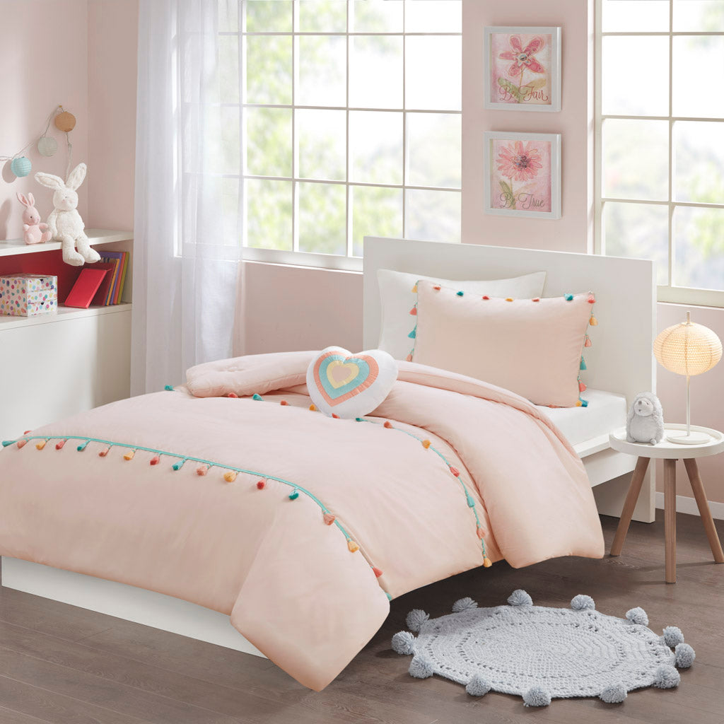 Tessa Tassel Comforter Set with Heart Shaped Throw Pillow