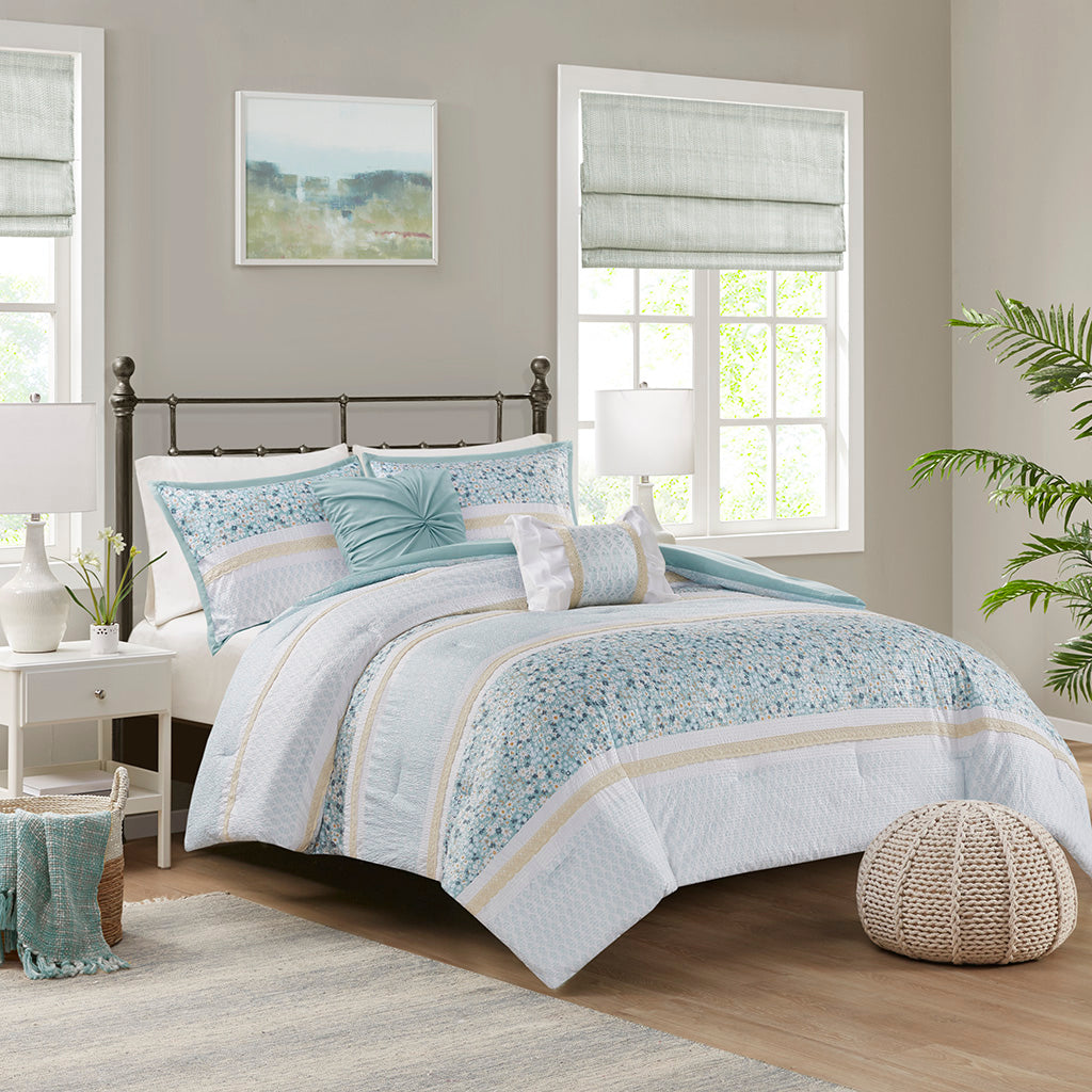 Caralie 5 Piece Seersucker Comforter Set with Throw Pillows