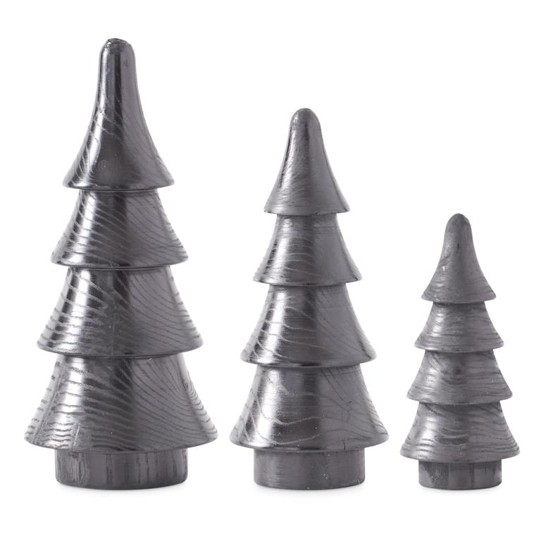 Carved Three Tiered Wood Ebony Trees (S/3)