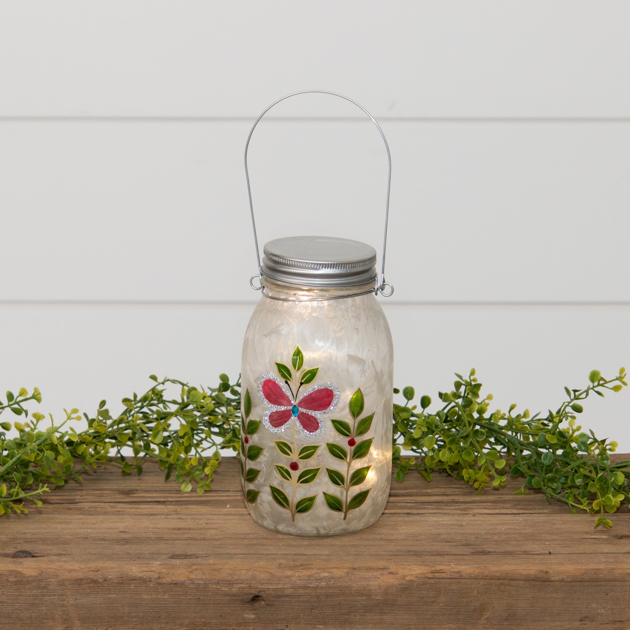 Frosted Glass Jar Luminary - Pink Butterfly