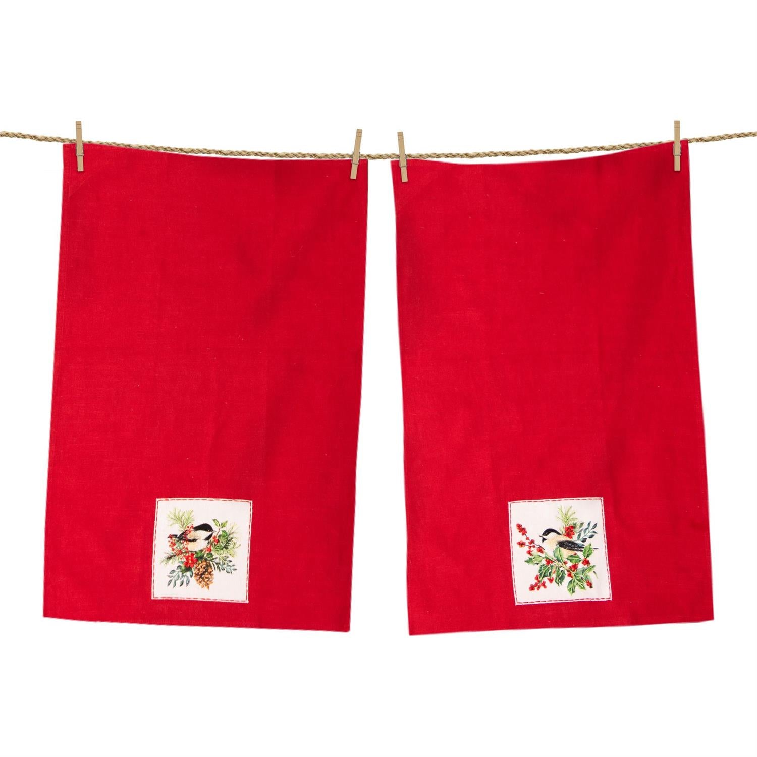 Tea Towels - Red With Chickadee Patch