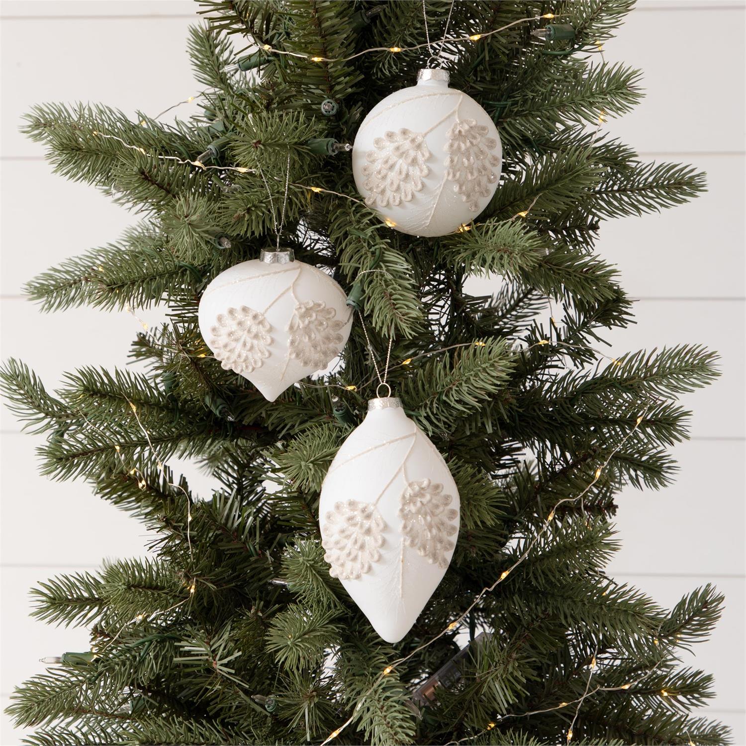 Ornaments - Glass, Pinecones On Snowy White