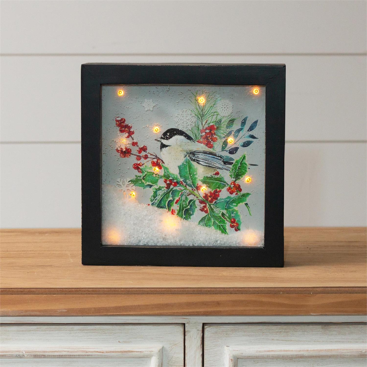 LED Snowy Shadow Box - Chickadee
