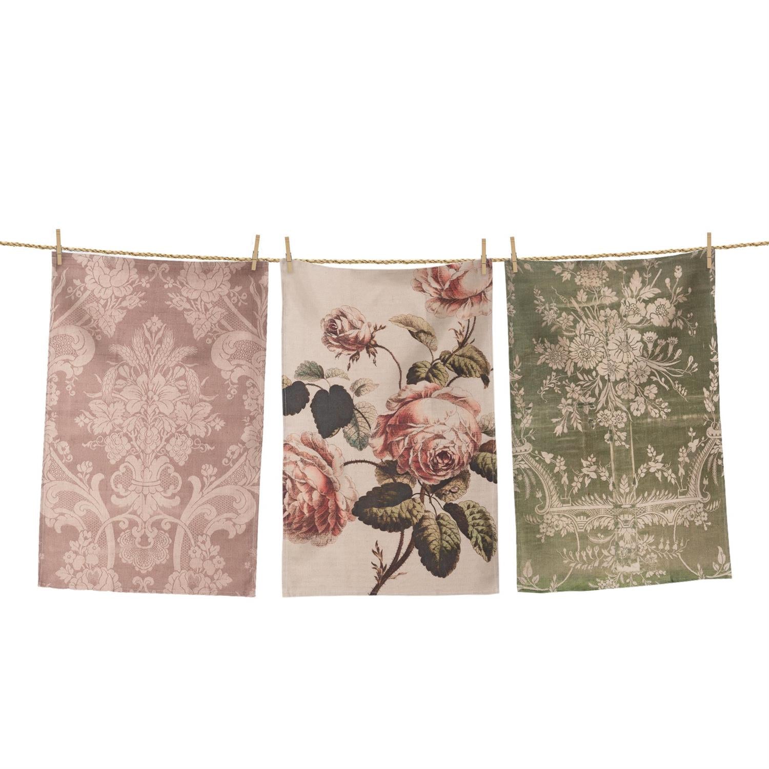 Tea Towels - Vintage Inspired Prints, Mauve and Green