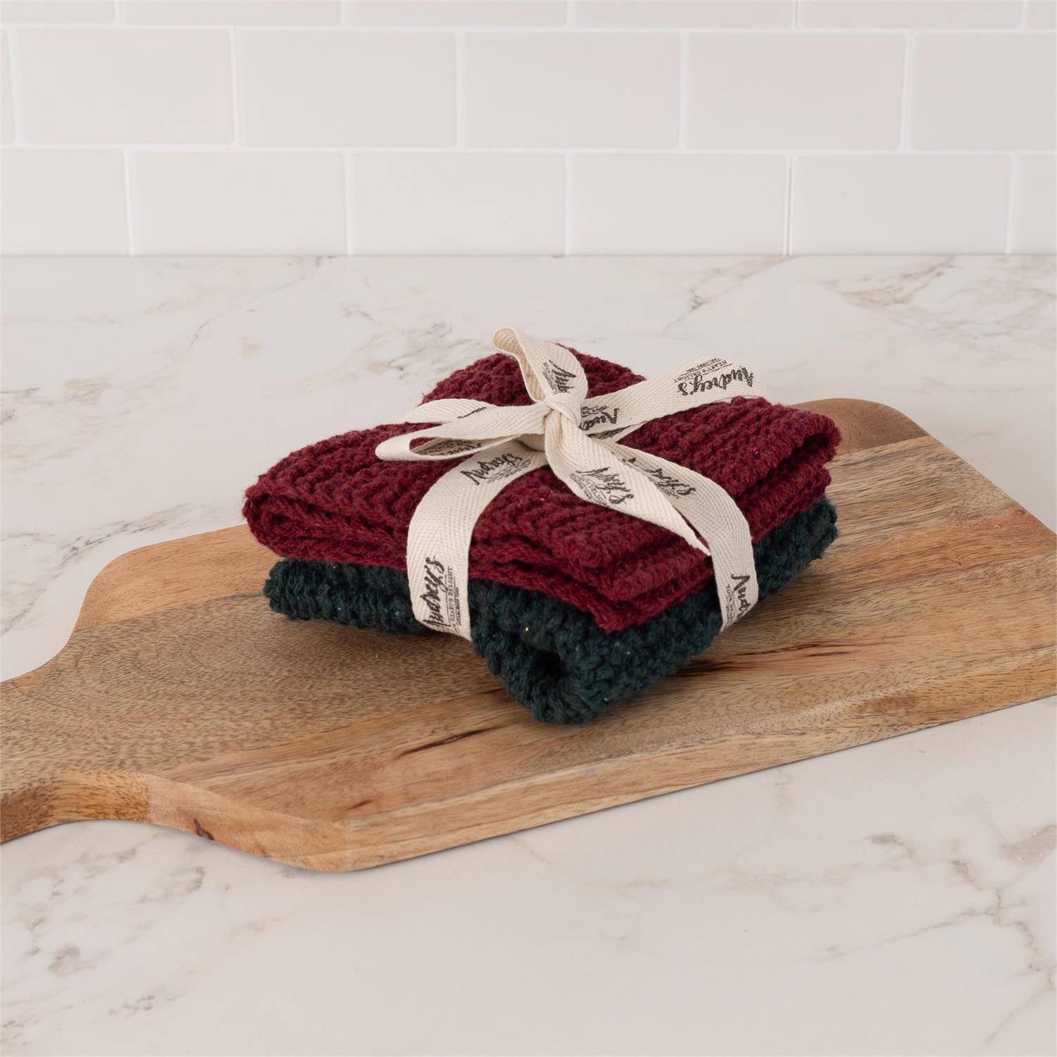 Knitted Dish Cloth Set - Red And Green