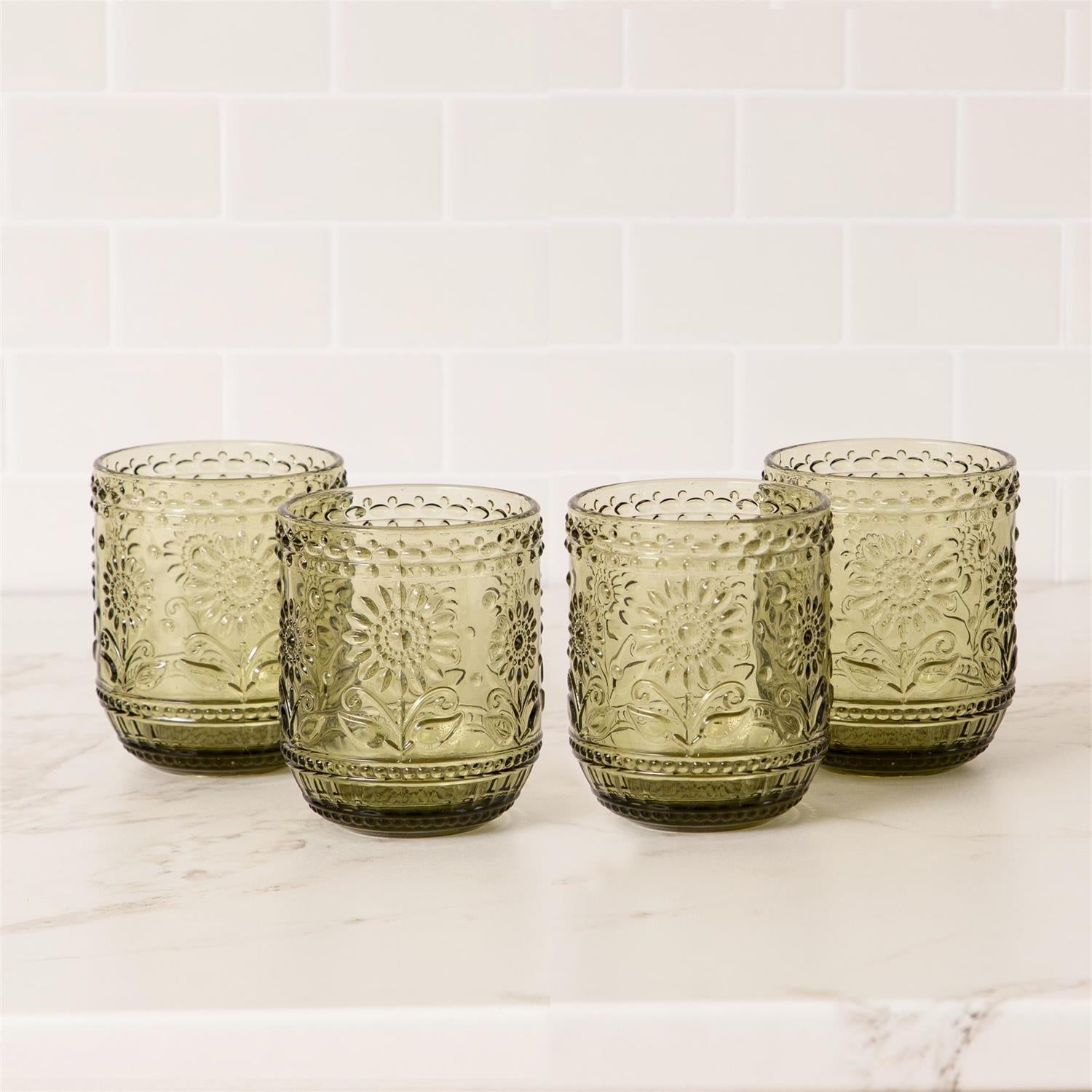 Green Floral Pressed Drinking Glasses