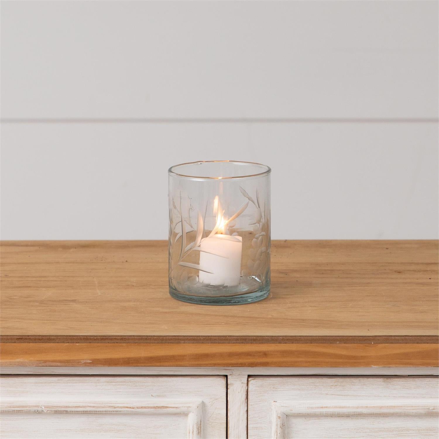 Etched Leaf Glass Candleholder