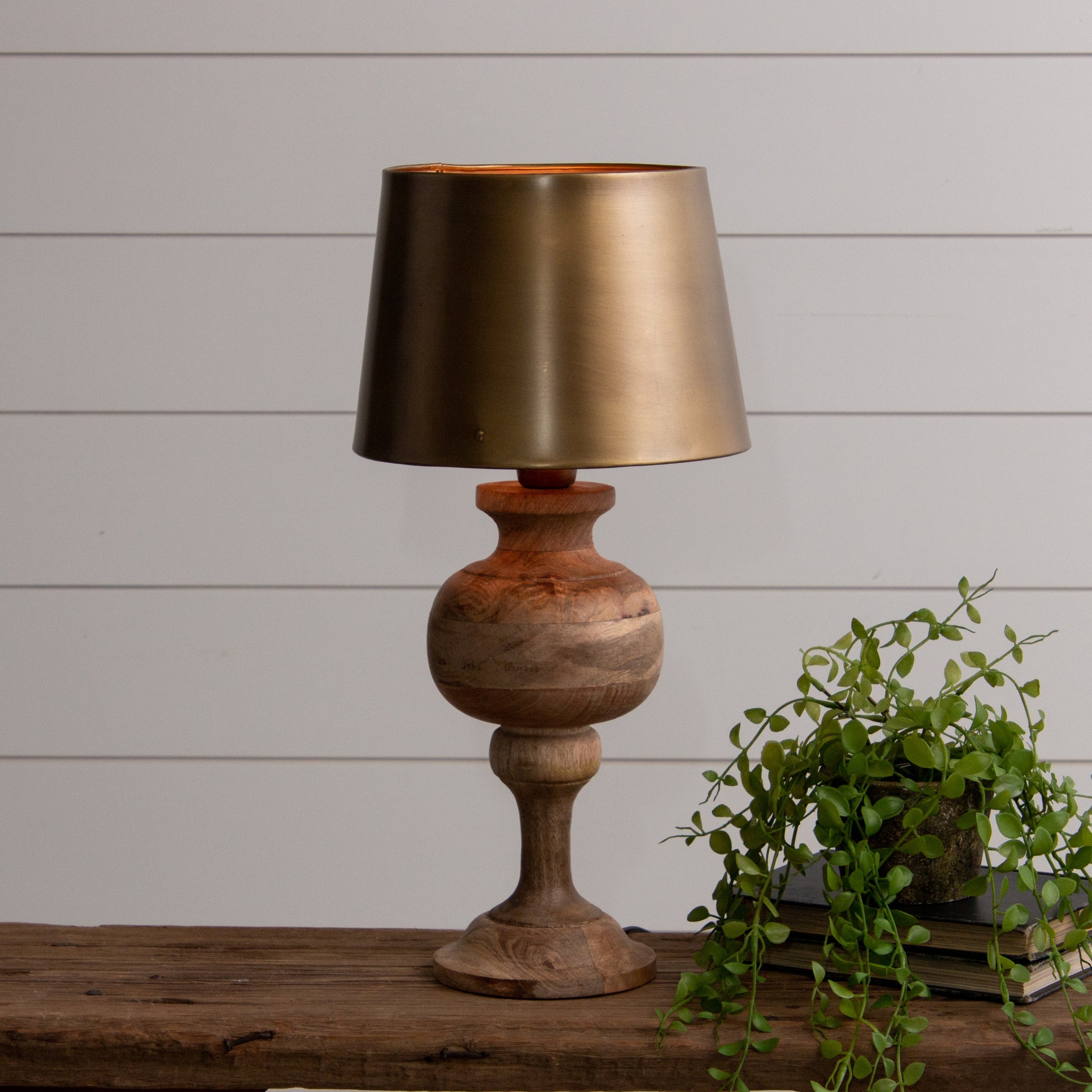 Wood With Brass Tone Metal  Table Lamp