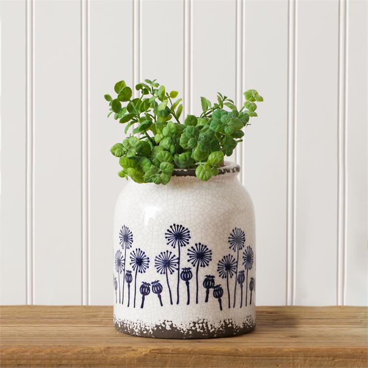 Blue Floral Pottery Dandelion Crock