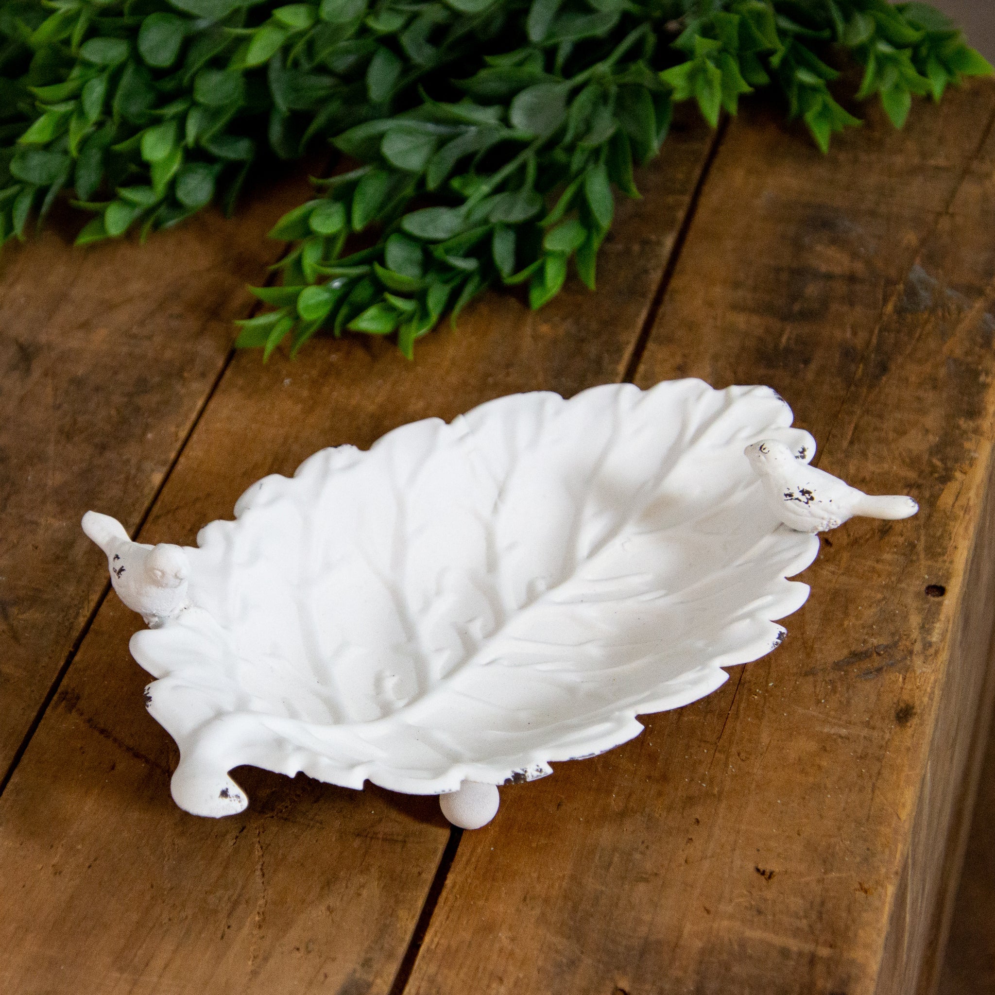 Metal Leaf Trinket Dish With Bird Accents