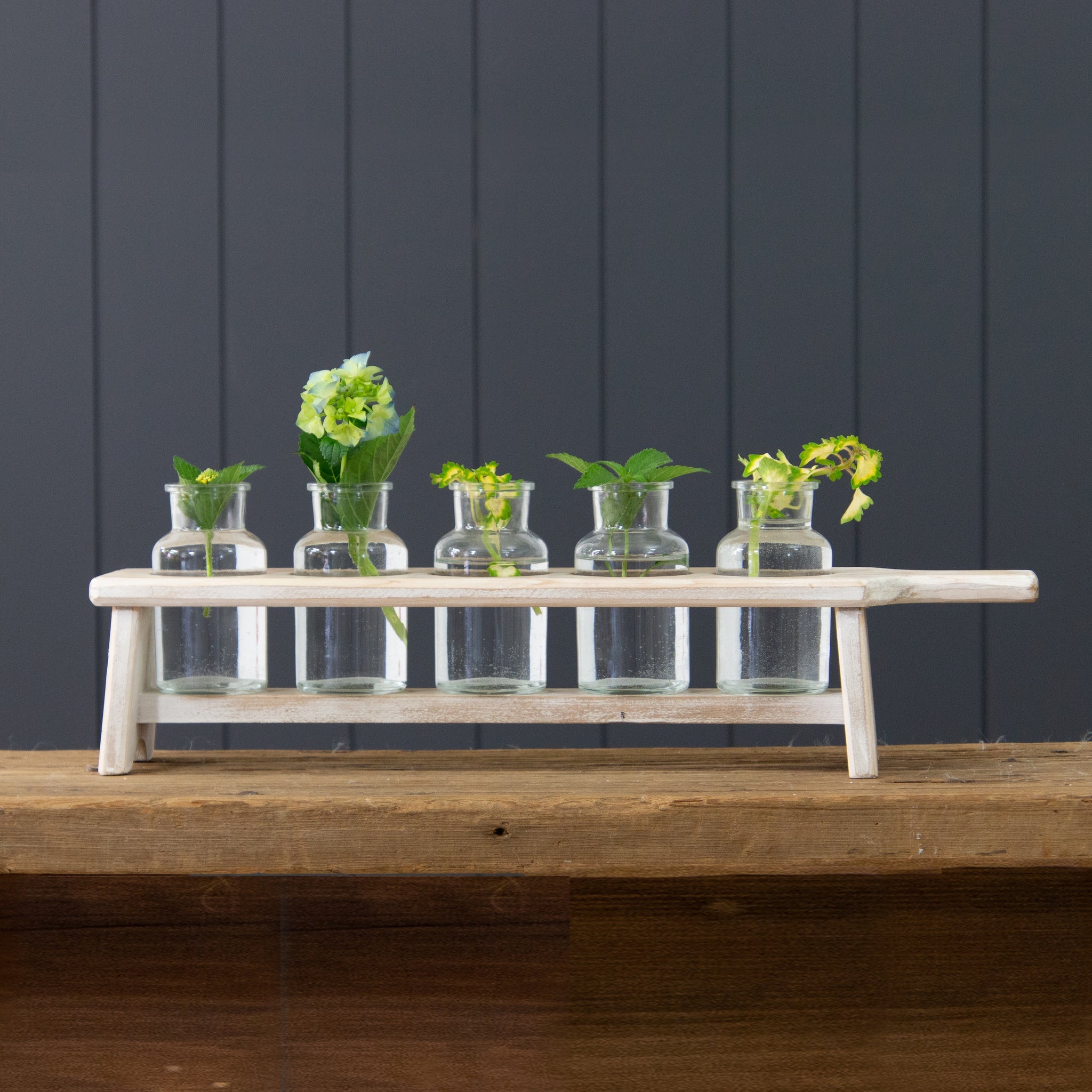 Wood Holder With 5 Glass Vases