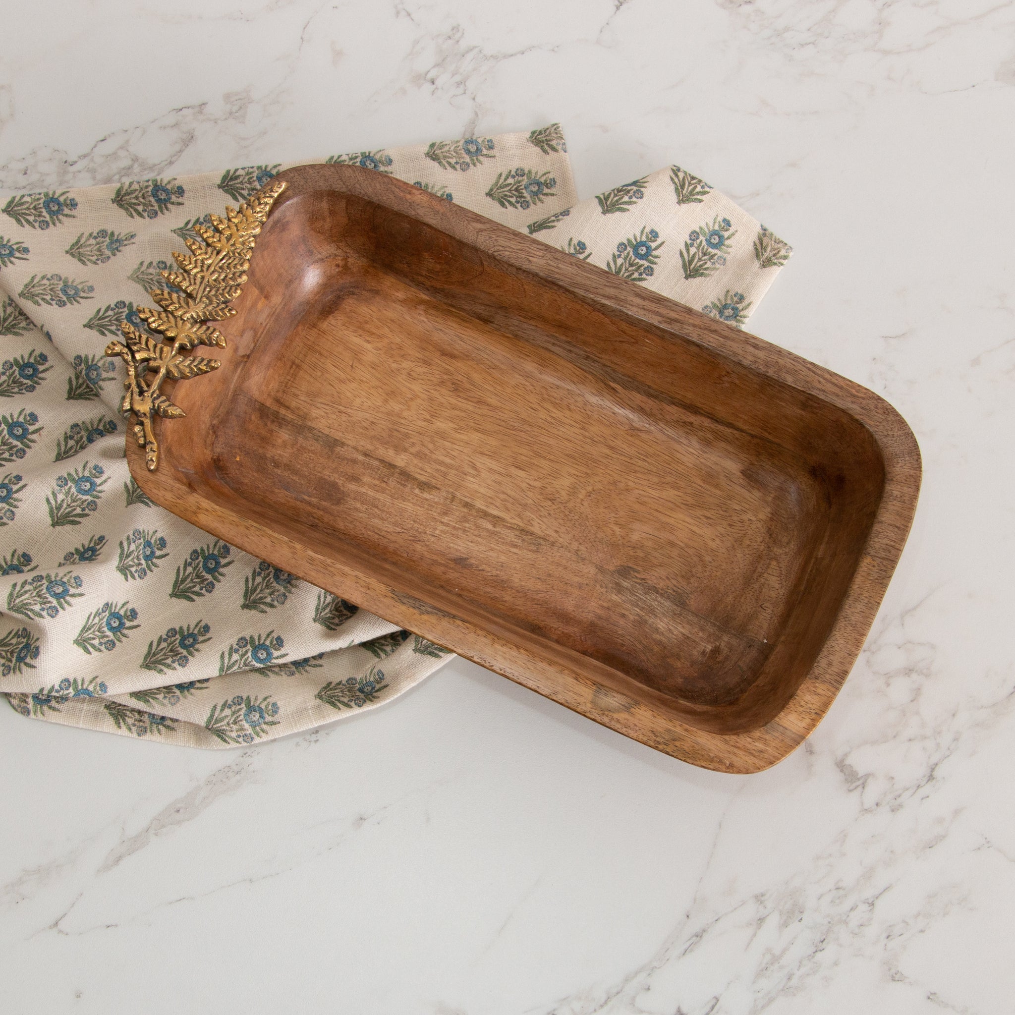 Mango Wood Dough Bowl With Brass Leaf