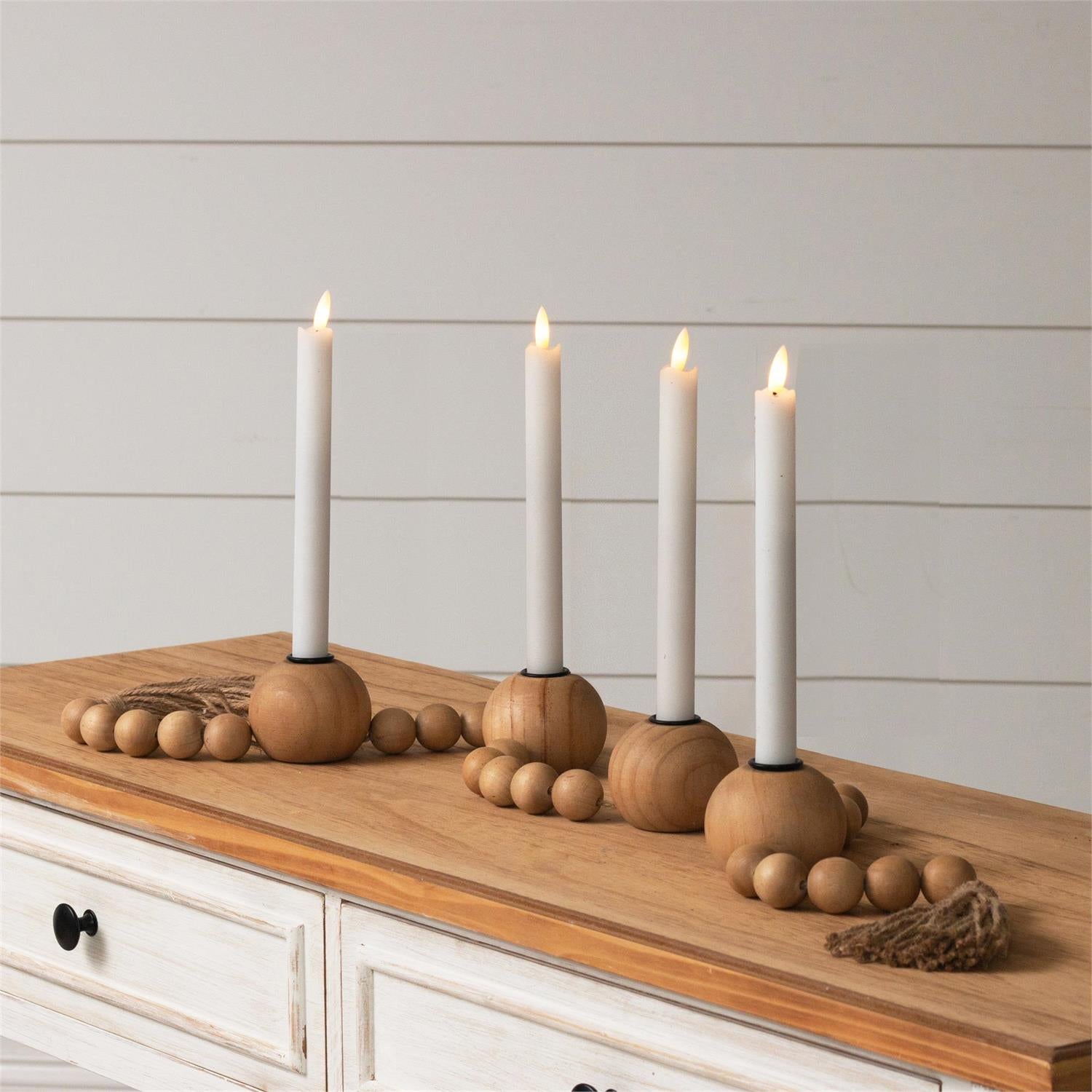 Wood Beaded Taper Candle Holder