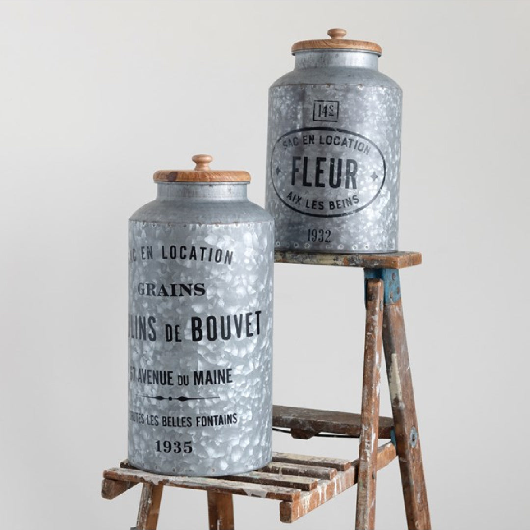 French Grain and Flour Containers w/ Wood Lids