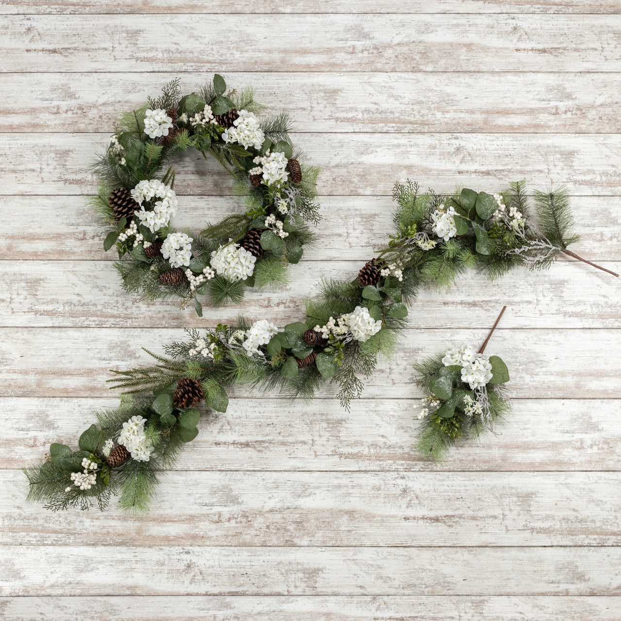 24" White Hydrangea, Berry and Pine Wreath