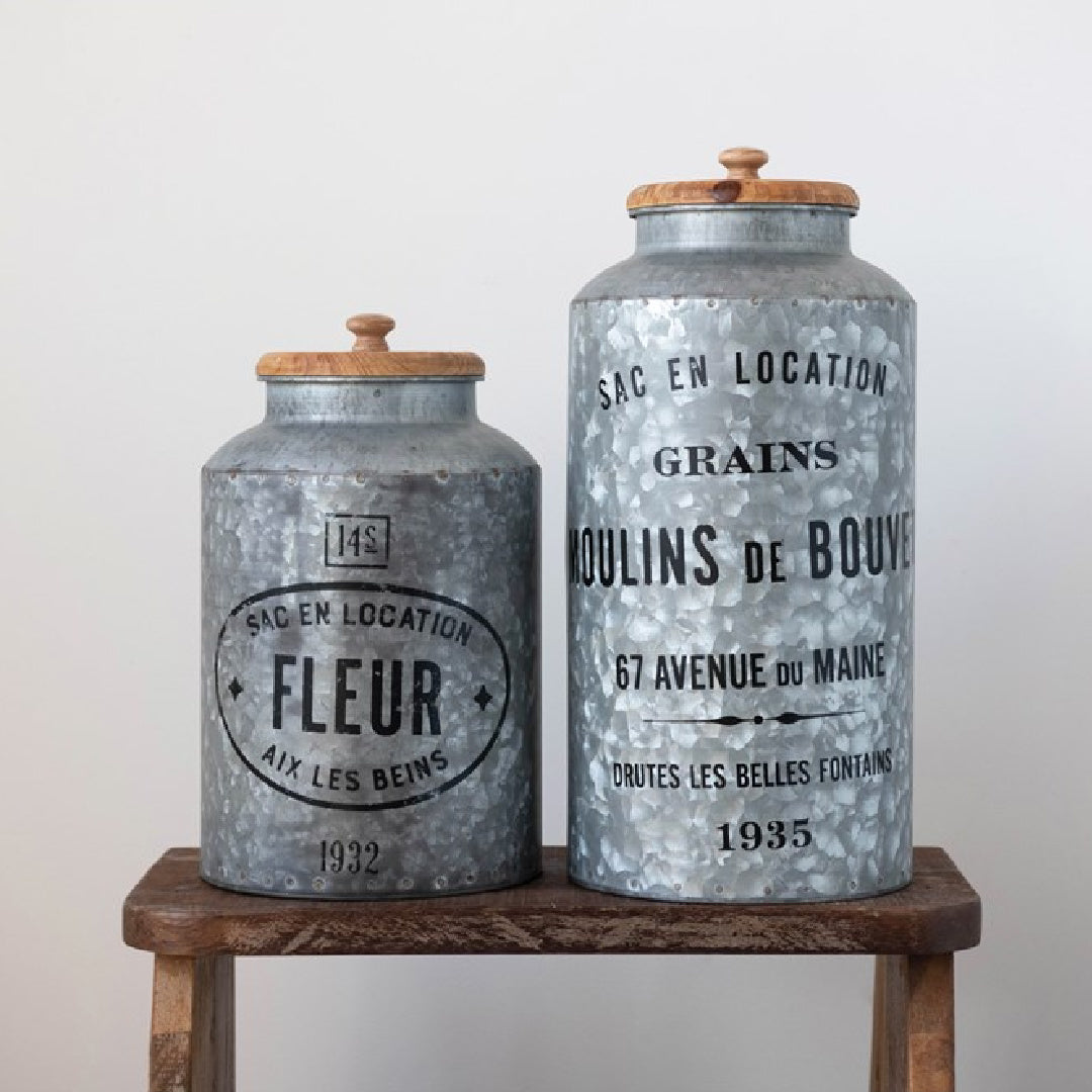 French Grain and Flour Containers w/ Wood Lids