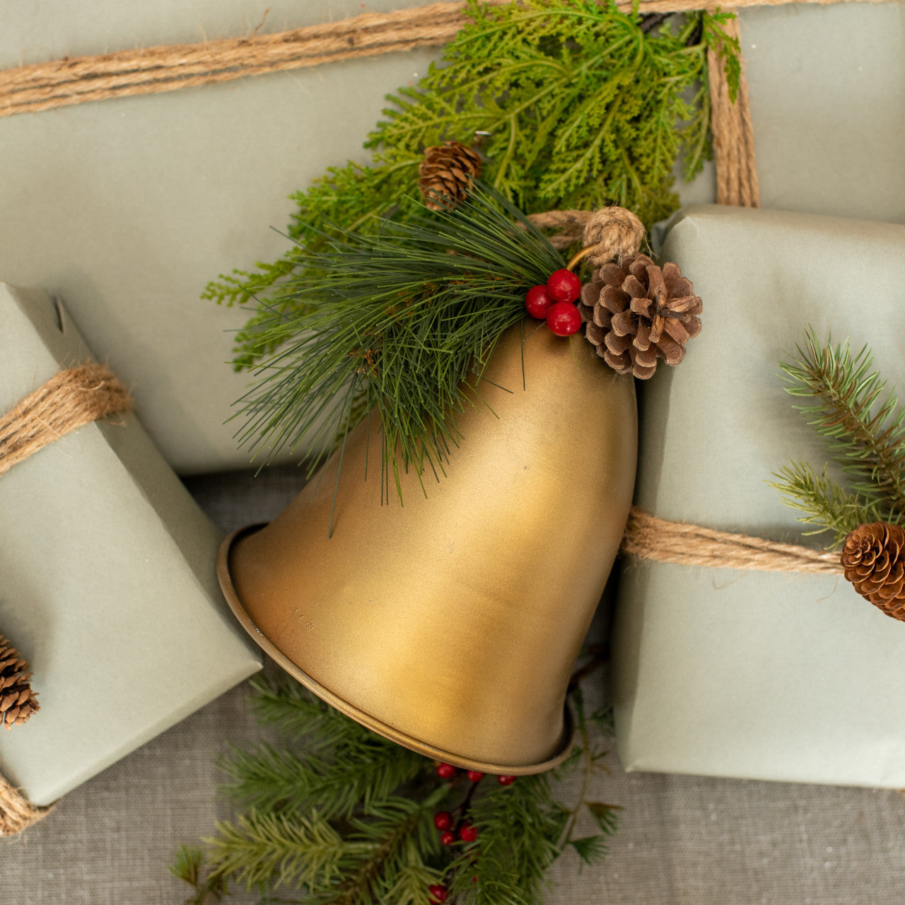 6" Holiday Gold Bells w/ Pine